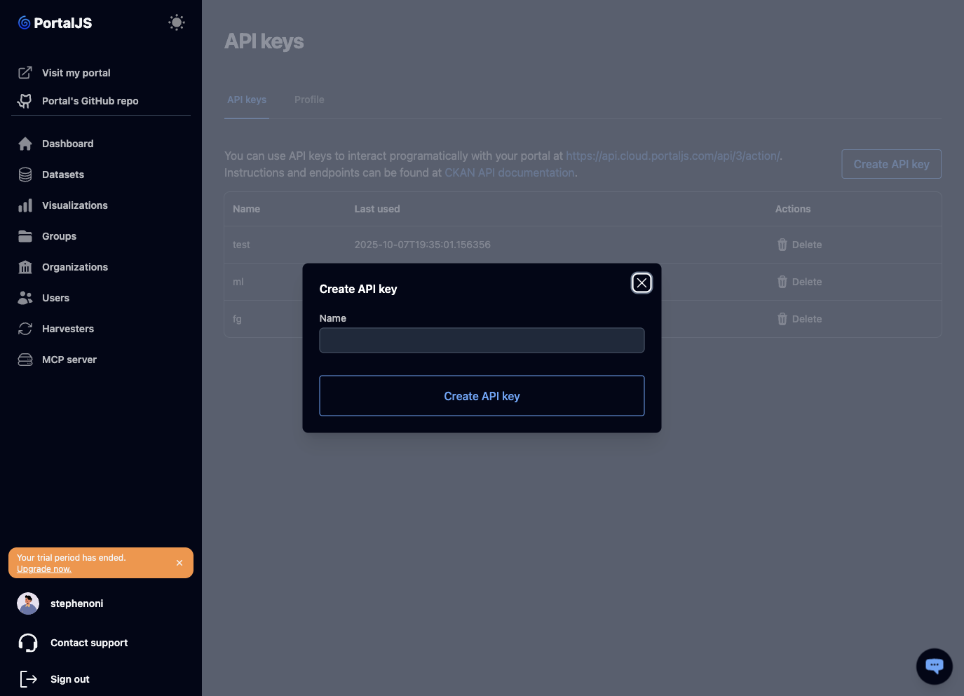 placeholder: create API key modal
